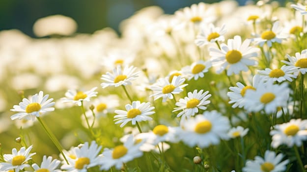 A field of daisies bathed in warm sunlight with a soft-focus background. High quality photo