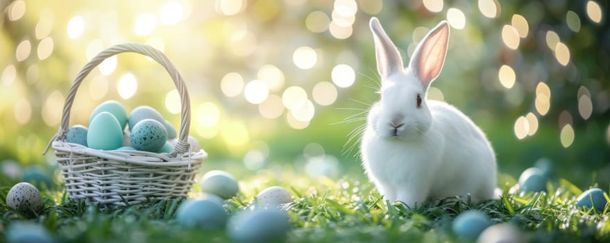 Beautiful Furry Easter Rabbit Bunny on Sunny Meadow. Bokeh Lights, Spring Garden, Traditional Easter Scene. Ai generated