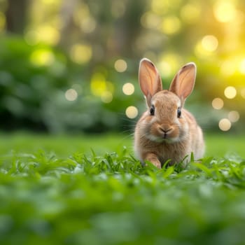 Beautiful Furry Easter Rabbit Bunny on Sunny Meadow. Bokeh Lights, Spring Garden, Traditional Easter Scene. Ai generated