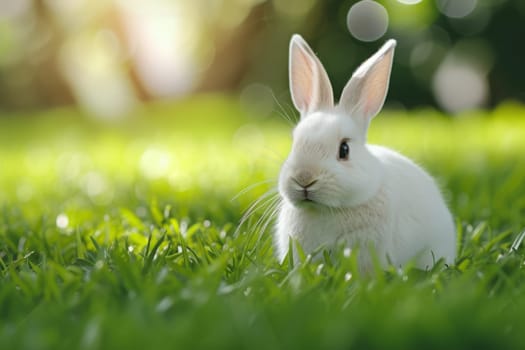 Beautiful Furry Easter Rabbit Bunny on Sunny Meadow. Bokeh Lights, Spring Garden, Traditional Easter Scene. Ai generated