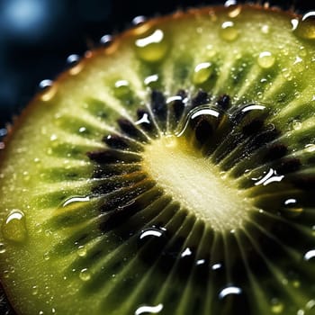 Close-up of a kiwi slice with water droplets on it.