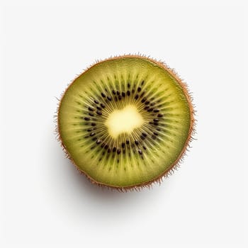 A cross section of a ripe kiwifruit showing its seeds and green flesh.