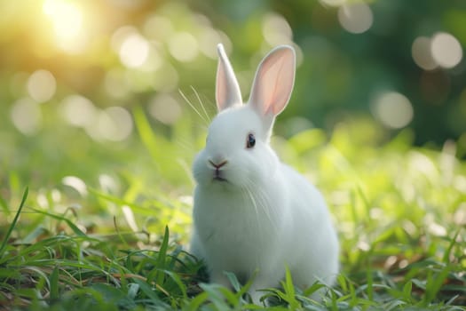 Beautiful Furry Easter Rabbit Bunny on Sunny Meadow. Bokeh Lights, Spring Garden, Traditional Easter Scene. Ai generated