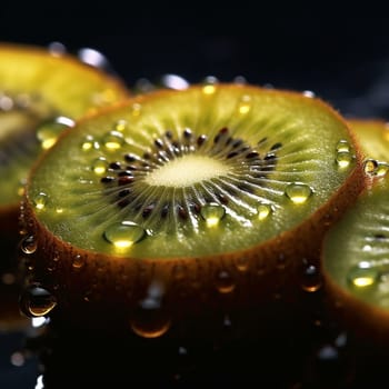 Sliced kiwi with water droplets close-up.