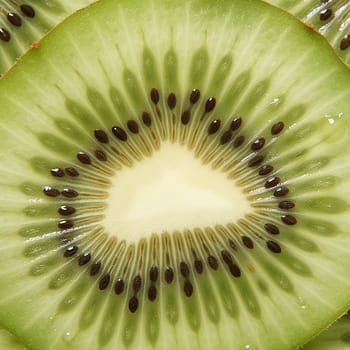 Close-up view of a kiwi fruit slice showing seeds and texture.