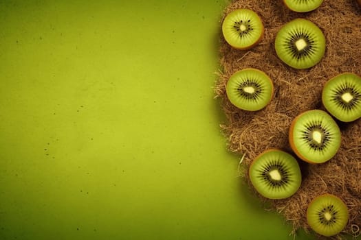 Green kiwi fruits on a textured surface with a bright background.