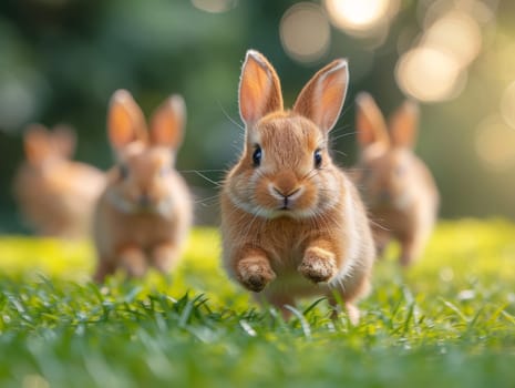 Beautiful Furry Easter Rabbit Bunny on Sunny Meadow. Bokeh Lights, Spring Garden, Traditional Easter Scene. Ai generated