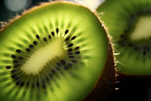 Close-up view of a kiwifruit showing vivid green flesh and black seeds.