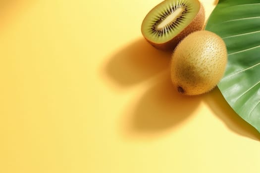 Sliced and whole kiwi with shadow on yellow background