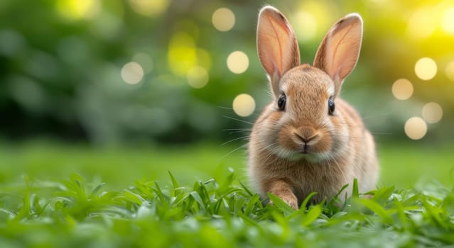 Beautiful Furry Easter Rabbit Bunny on Sunny Meadow. Bokeh Lights, Spring Garden, Traditional Easter Scene. Ai generated