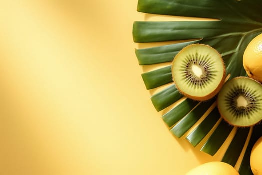 Green kiwi slices on a palm leaf against a yellow background.