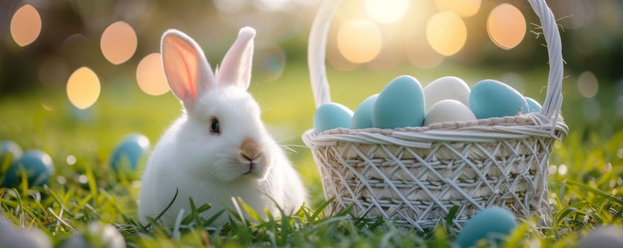 Beautiful Furry Easter Rabbit Bunny on Sunny Meadow. Bokeh Lights, Spring Garden, Traditional Easter Scene. Ai generated