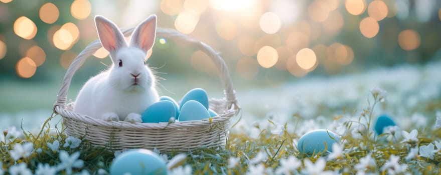 Beautiful Furry Easter Rabbit Bunny on Sunny Meadow. Bokeh Lights, Spring Garden, Traditional Easter Scene. Ai generated