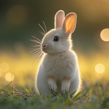 Beautiful Furry Easter Rabbit Bunny on Sunny Meadow. Bokeh Lights, Spring Garden, Traditional Easter Scene. Ai generated