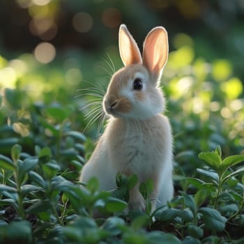 Beautiful Furry Easter Rabbit Bunny on Sunny Meadow. Bokeh Lights, Spring Garden, Traditional Easter Scene. Ai generated