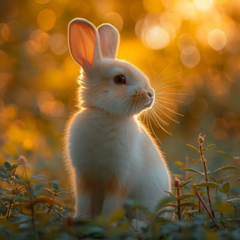 Beautiful Furry Easter Rabbit Bunny on Sunny Meadow. Bokeh Lights, Spring Garden, Traditional Easter Scene. Ai generated