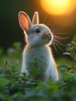 Beautiful Furry Easter Rabbit Bunny on Sunny Meadow. Bokeh Lights, Spring Garden, Traditional Easter Scene. Ai generated