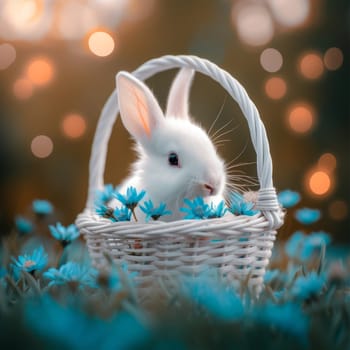 Beautiful Furry Easter Rabbit Bunny on Sunny Meadow. Bokeh Lights, Spring Garden, Traditional Easter Scene. Ai generated