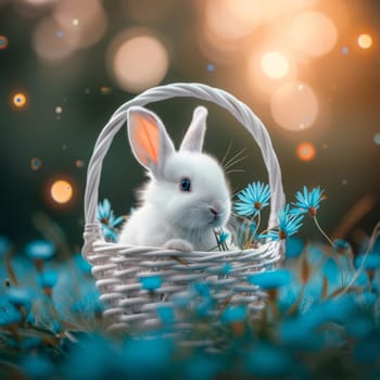 Beautiful Furry Easter Rabbit Bunny on Sunny Meadow. Bokeh Lights, Spring Garden, Traditional Easter Scene. Ai generated