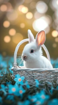 Beautiful Furry Easter Rabbit Bunny on Sunny Meadow. Bokeh Lights, Spring Garden, Traditional Easter Scene. Ai generated