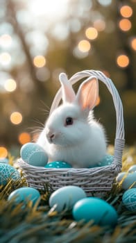 Beautiful Furry Easter Rabbit Bunny on Sunny Meadow. Bokeh Lights, Spring Garden, Traditional Easter Scene. Ai generated