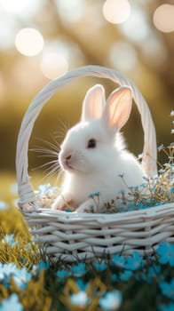 Beautiful Furry Easter Rabbit Bunny on Sunny Meadow. Bokeh Lights, Spring Garden, Traditional Easter Scene. Ai generated