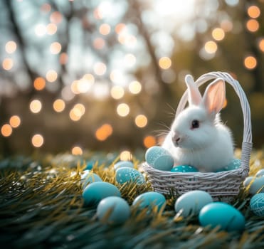 Beautiful Furry Easter Rabbit Bunny on Sunny Meadow. Bokeh Lights, Spring Garden, Traditional Easter Scene. Ai generated