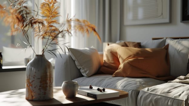 Soft lighting illuminating a room furnished in a contemporary style,. Generative AI.