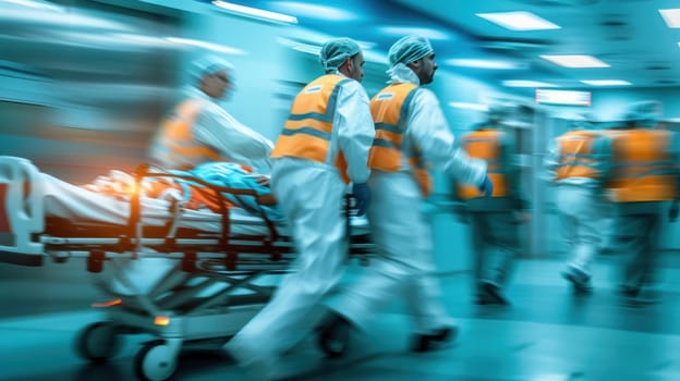 Team of doctors rushing a patient in a gurney at the hospital. Generative AI.
