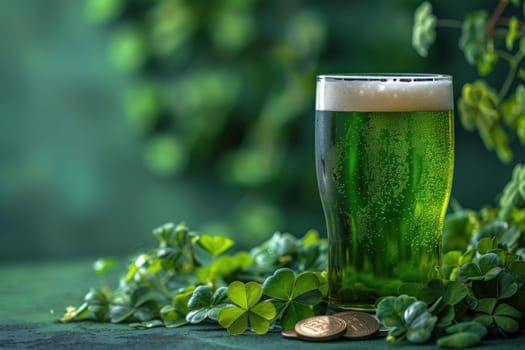 Green beer, gold coins and clover, symbols of St. Patrick's Day celebration. Generative AI.