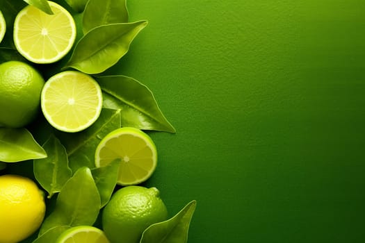 Fresh limes and leaves on a green background, with one lime cut in half.