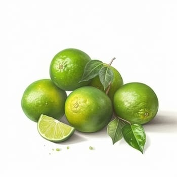Fresh green limes with leaves and a sliced piece.