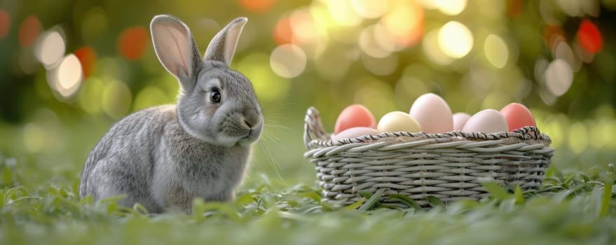 Beautiful Furry Easter Rabbit Bunny on Sunny Meadow. Bokeh Lights, Spring Garden, Traditional Easter Scene. Ai generated