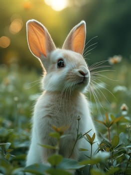 Beautiful Furry Easter Rabbit Bunny on Sunny Meadow. Bokeh Lights, Spring Garden, Traditional Easter Scene. Ai generated