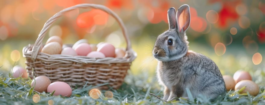 Beautiful Furry Easter Rabbit Bunny on Sunny Meadow. Bokeh Lights, Spring Garden, Traditional Easter Scene. Ai generated