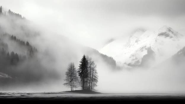 Black and white landscape of misty mountains with a stand of trees - Generative AI