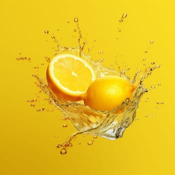 Fresh lemon splashing into water against yellow background.