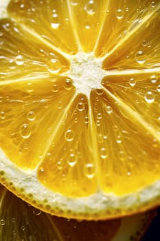 A close-up view of a juicy, fresh lemon slice with water droplets.