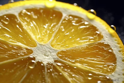 Close-up of a juicy, ripe lemon slice against a dark background.