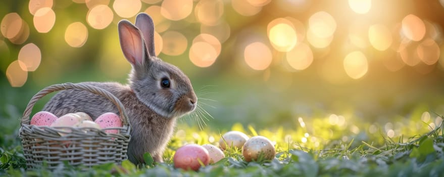 Beautiful Furry Easter Rabbit Bunny on Sunny Meadow. Bokeh Lights, Spring Garden, Traditional Easter Scene. Ai generated