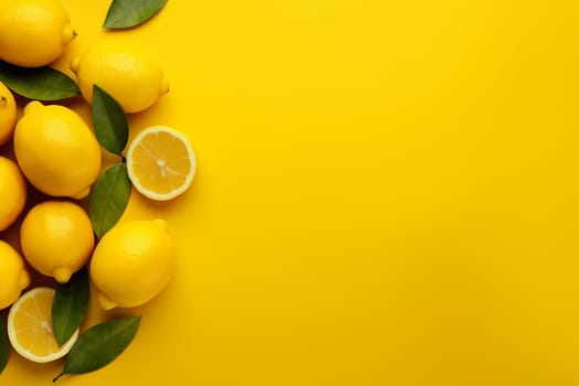 Fresh whole and sliced lemons on a bright yellow background.