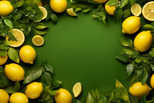 Fresh lemons surrounded by leaves with a green background.