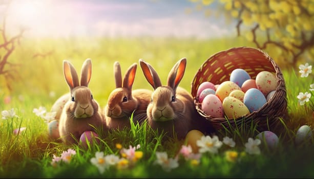 Three bunnies beside a basket of colorful Easter eggs in a sunny meadow - Generative AI