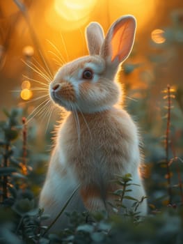 Beautiful Furry Easter Rabbit Bunny on Sunny Meadow. Bokeh Lights, Spring Garden, Traditional Easter Scene. Ai generated