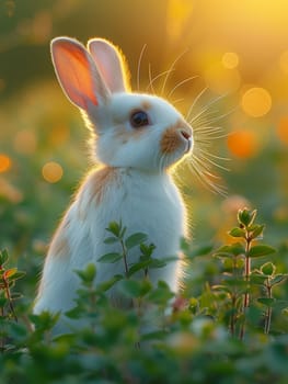 Beautiful Furry Easter Rabbit Bunny on Sunny Meadow. Bokeh Lights, Spring Garden, Traditional Easter Scene. Ai generated