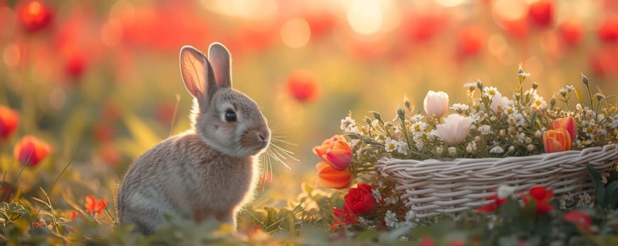 Beautiful Furry Easter Rabbit Bunny on Sunny Meadow. Bokeh Lights, Spring Garden, Traditional Easter Scene. Ai generated