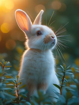 Beautiful Furry Easter Rabbit Bunny on Sunny Meadow. Bokeh Lights, Spring Garden, Traditional Easter Scene. Ai generated