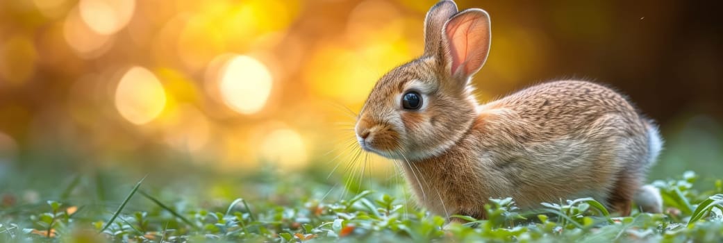 Beautiful Furry Easter Rabbit Bunny on Sunny Meadow. Bokeh Lights, Spring Garden, Traditional Easter Scene. Ai generated