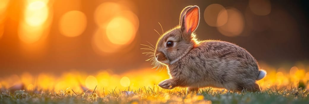 Beautiful Furry Easter Rabbit Bunny on Sunny Meadow. Bokeh Lights, Spring Garden, Traditional Easter Scene. Ai generated