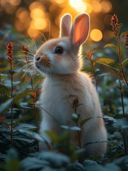 Beautiful Furry Easter Rabbit Bunny on Sunny Meadow. Bokeh Lights, Spring Garden, Traditional Easter Scene. Ai generated